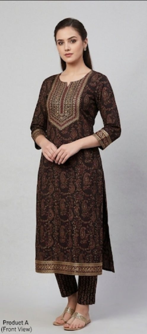 Cotton Blend Printed Kurti with Pant for Women (Multicolor, S)