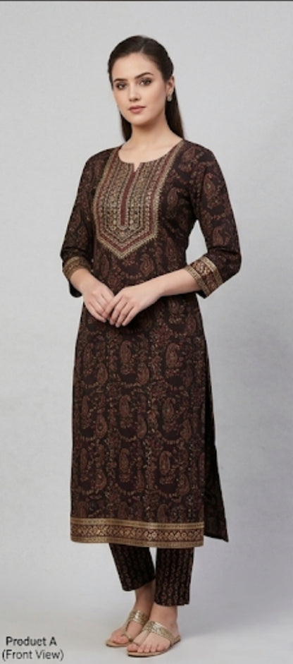 Cotton Blend Printed Kurti with Pant for Women (Multicolor, S)
