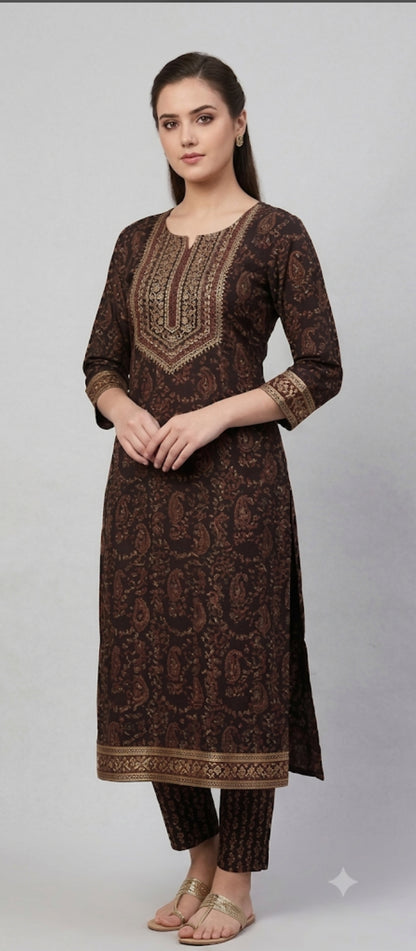 Cotton Blend Printed Kurti with Pant for Women (Multicolor, S)